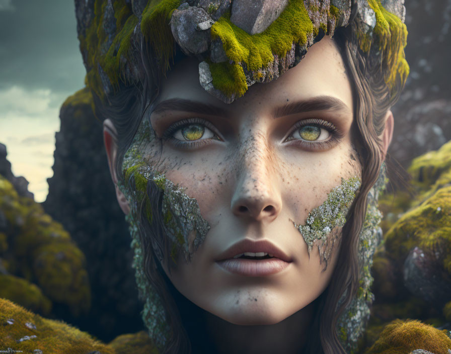 Close-up of woman with moss and stone textures, yellow eyes in mystical natural setting