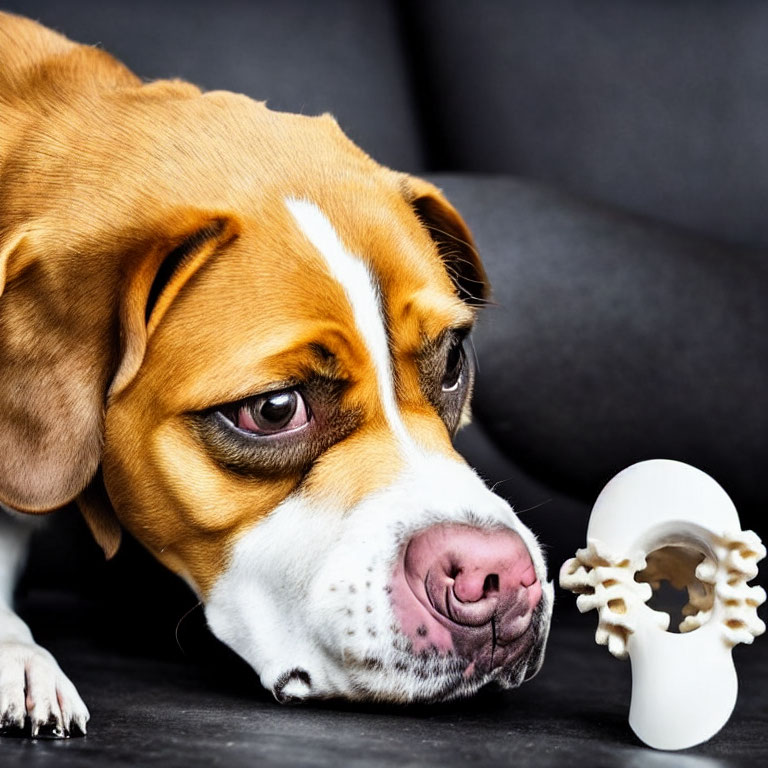 Brown and White Dog Examining Toy Bone on Dark Background