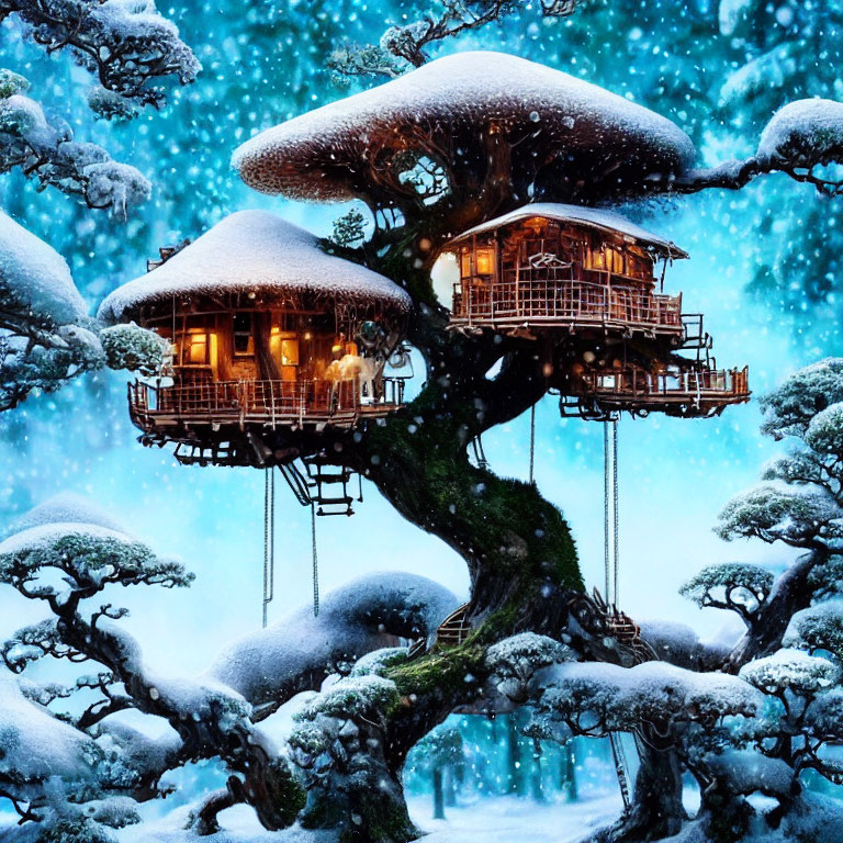 Snow-covered treehouse with lit windows in serene winter forest