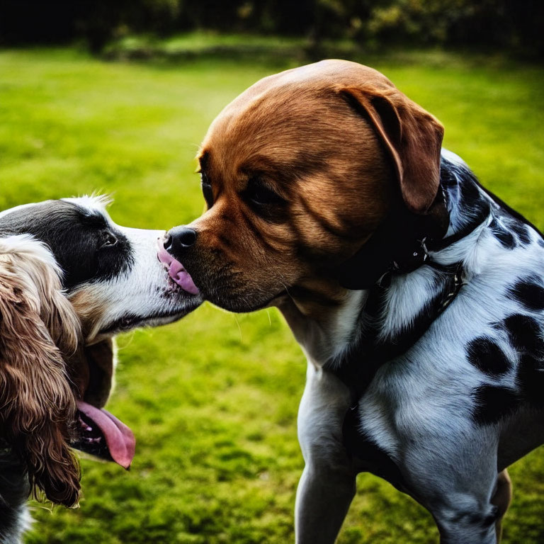 Beagle and spaniel dogs close together in grassy area