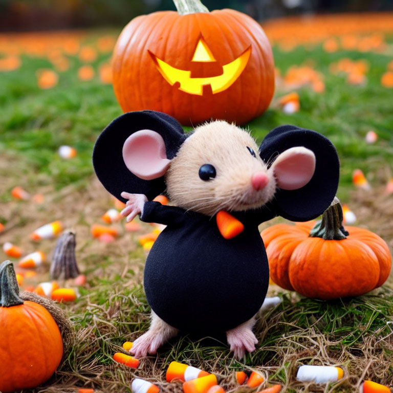 Adorable mouse in black outfit with jack-o'-lantern and candy corn on grass