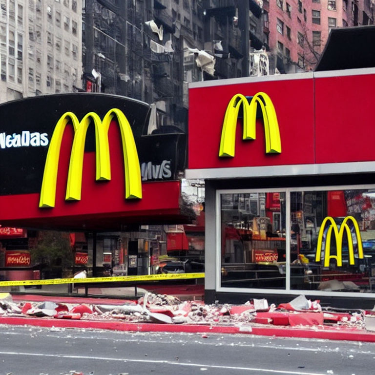 Damaged McDonald's restaurant with scattered debris.