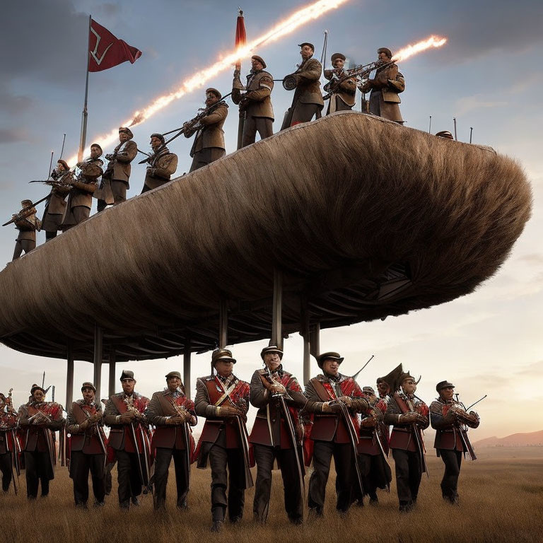 Historical soldiers march on giant caterpillar with rifles in surreal landscape