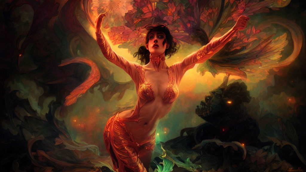 Dark-haired woman dancing in vibrant, fiery flora with green lights