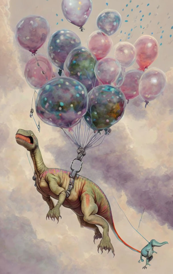 Colorful Balloon Harness Lifts Dinosaur with Smaller Companion