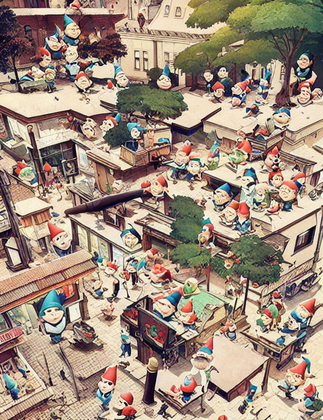 Whimsical Smurf-filled street scene with European architecture