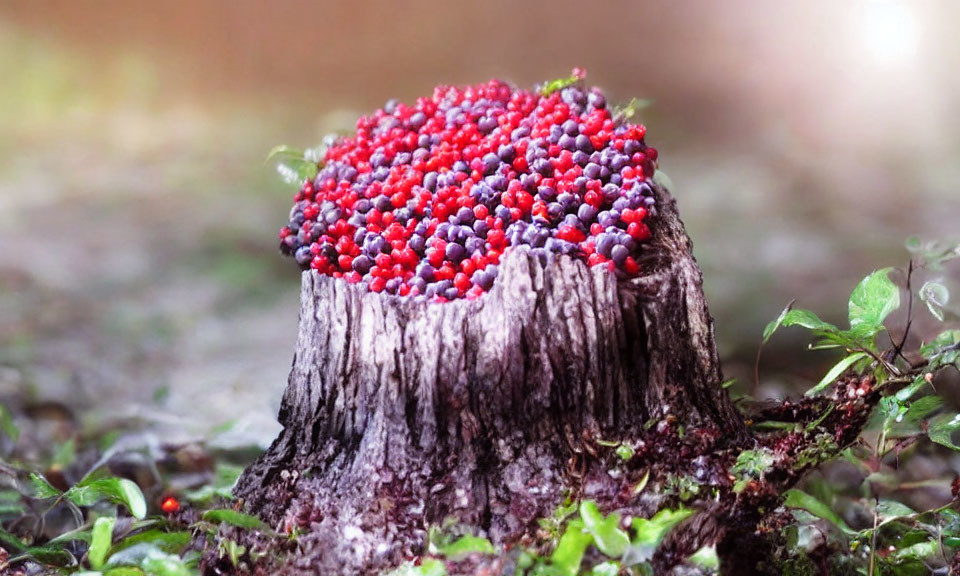 Forest floor scene: Tree stump with red and black berries under soft sunlight