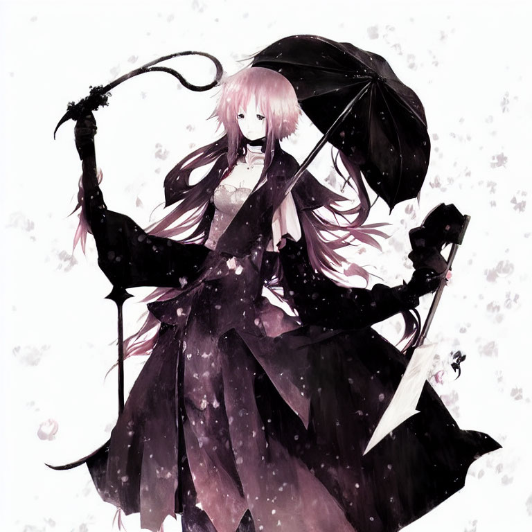 Anime-style character with pink hair holding umbrella in elegant black outfit surrounded by falling petals