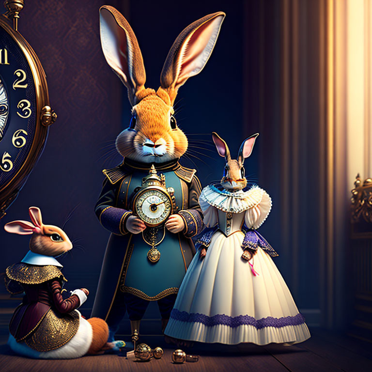 Anthropomorphic rabbits in 17th-century attire with pocket watch and coins in period room