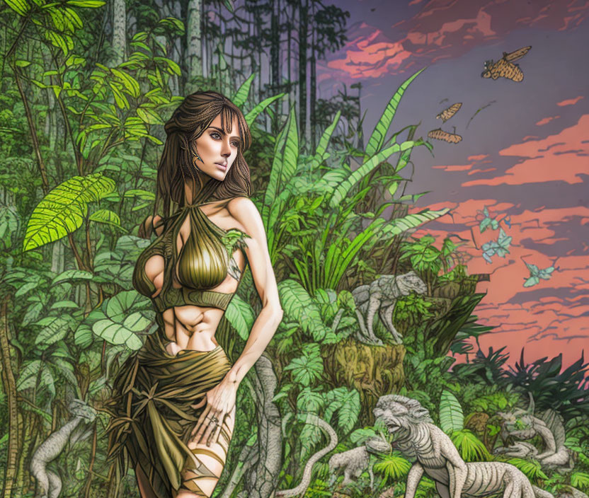 Digital artwork: Woman in jungle theme with vibrant foliage, butterflies, and white tiger at dusk