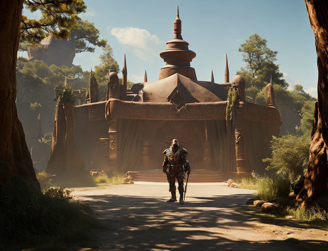 Knight walking to ancient temple in serene forest under blue sky