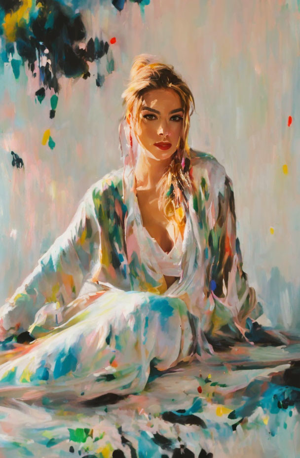 Colorful Oil Painting of Woman in Contemplation