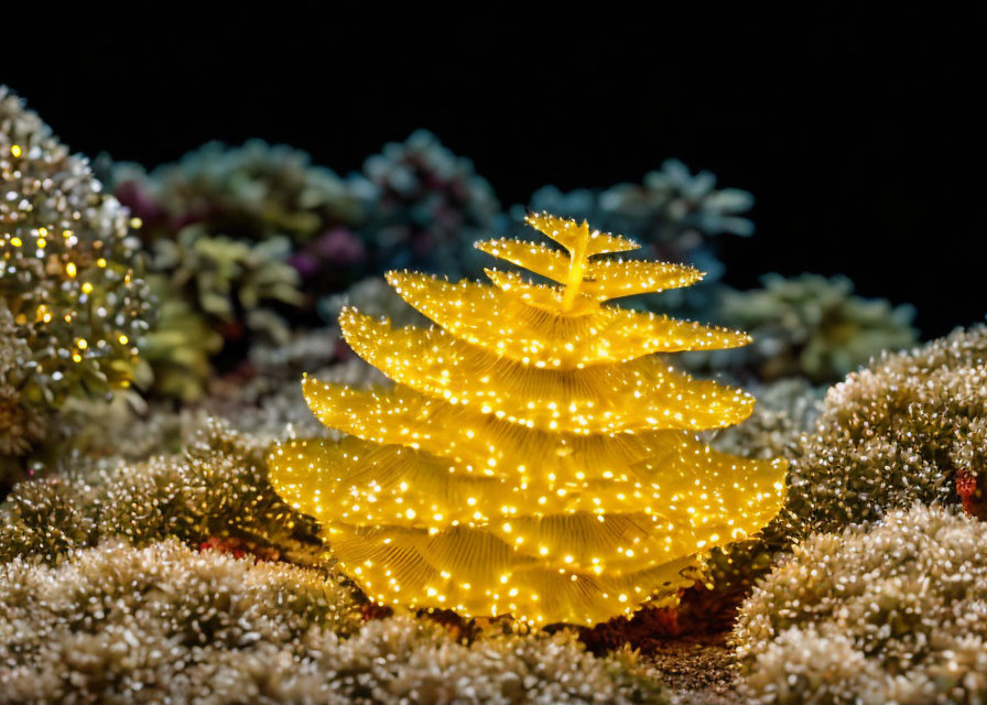 Yellow Sea Slug with Tree-Like Appendages on Black Background surrounded by Soft Coral