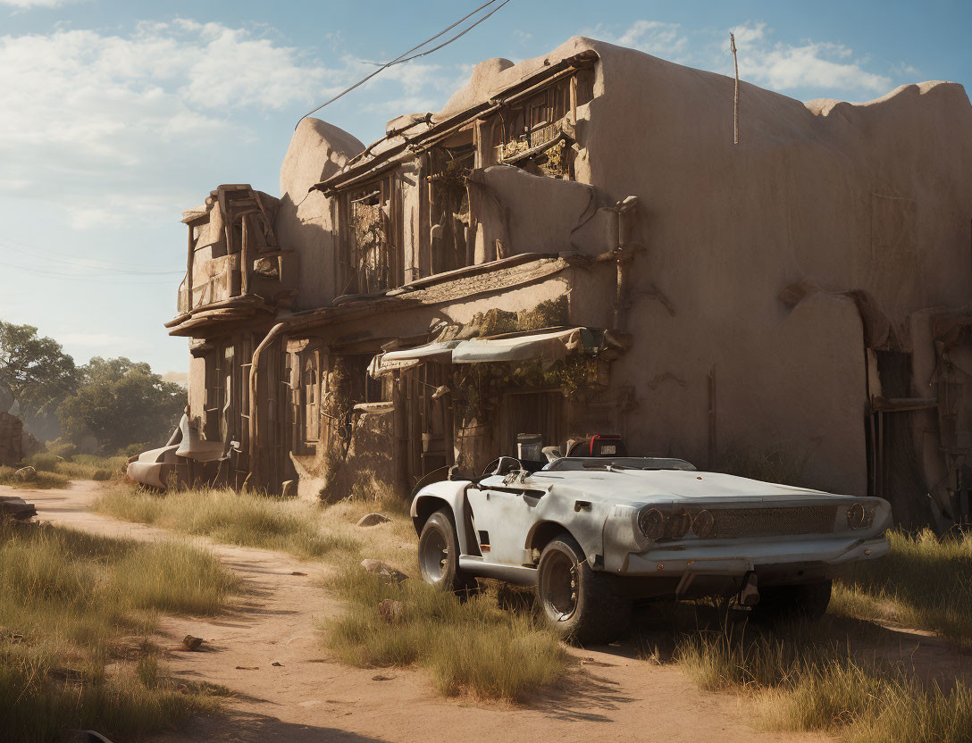 Vintage White Car Parked Next to Adobe-Style Buildings