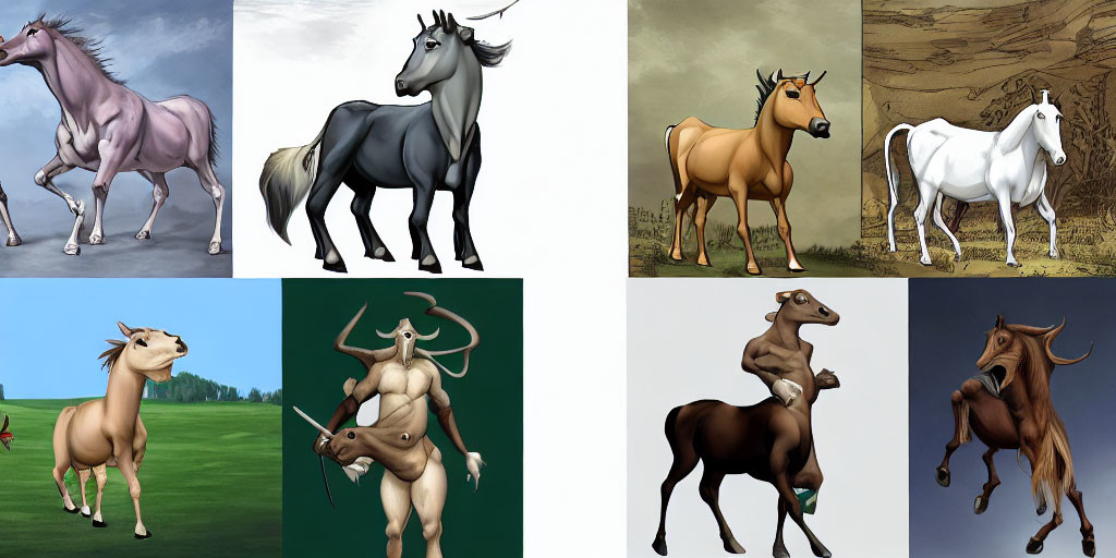 Eight anthropomorphic horse character illustrations in different poses on colored backgrounds