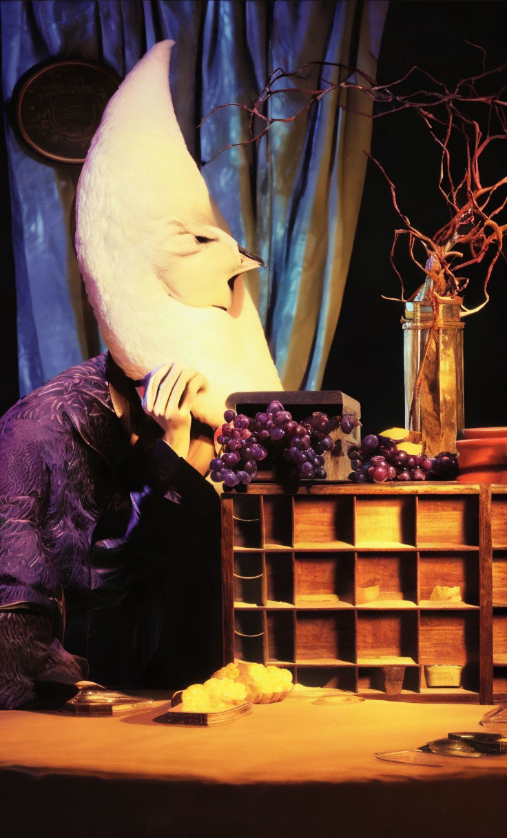 Elaborate Moon-Shaped Mask and Purple Costume with Grapes, Box, and Bottle on The