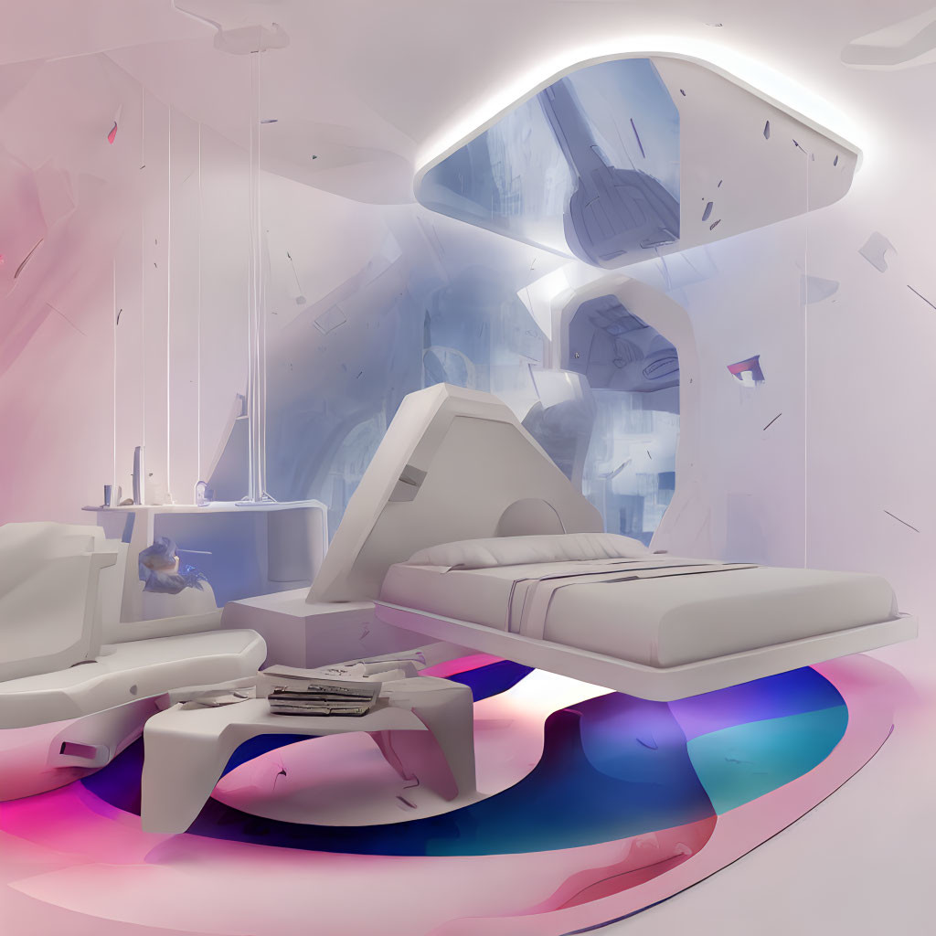 Modern bedroom with white bed, abstract art, pink and blue lighting, floating shelves, immersive ceiling display