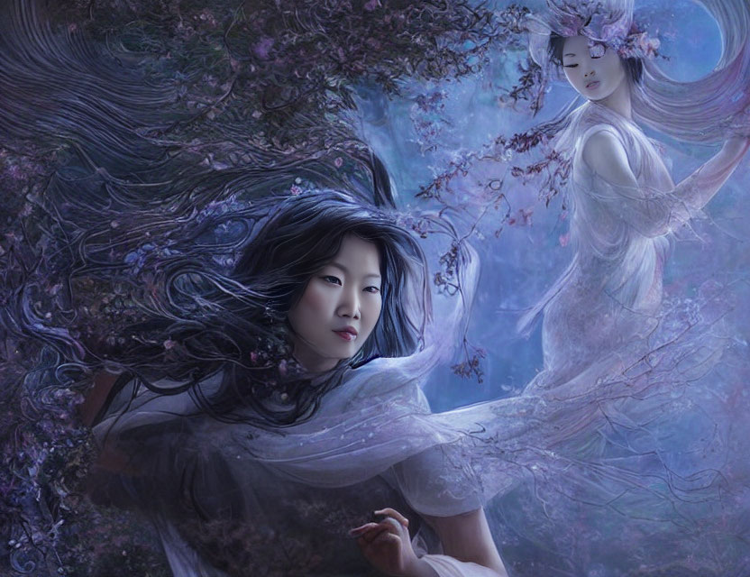 Ethereal women in mystical forest with flowers