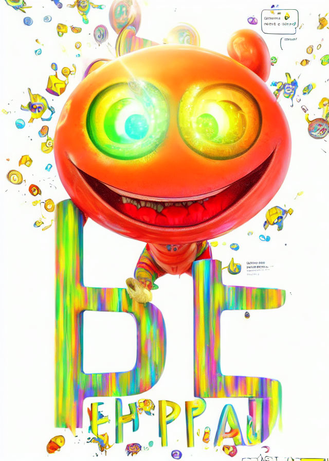 Colorful poster with grinning orange cartoon creature and vibrant "HAPPY" letters