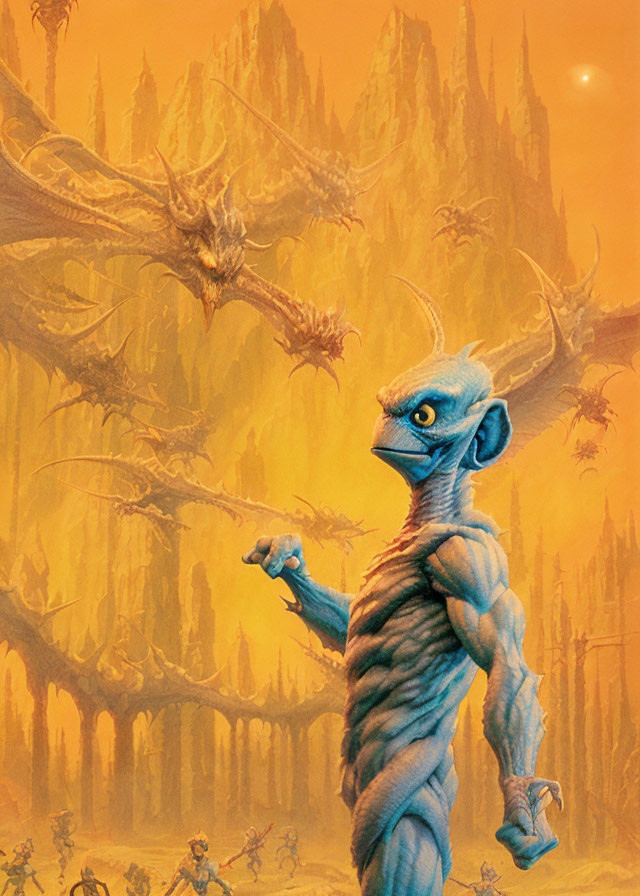 Blue-skinned alien in forest with dragon-like creatures and castle under orange sky