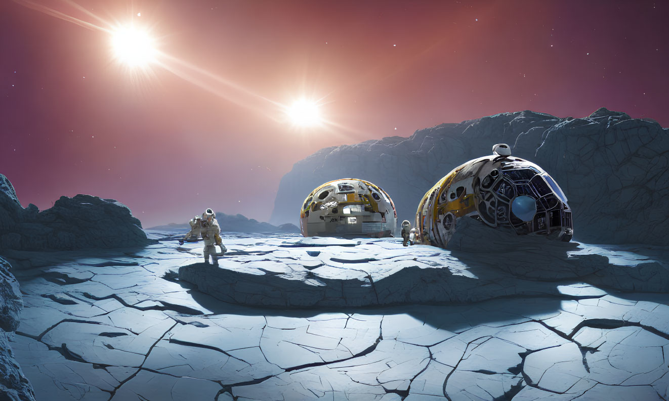 Astronauts exploring cracked alien landscape under dual-starred sky