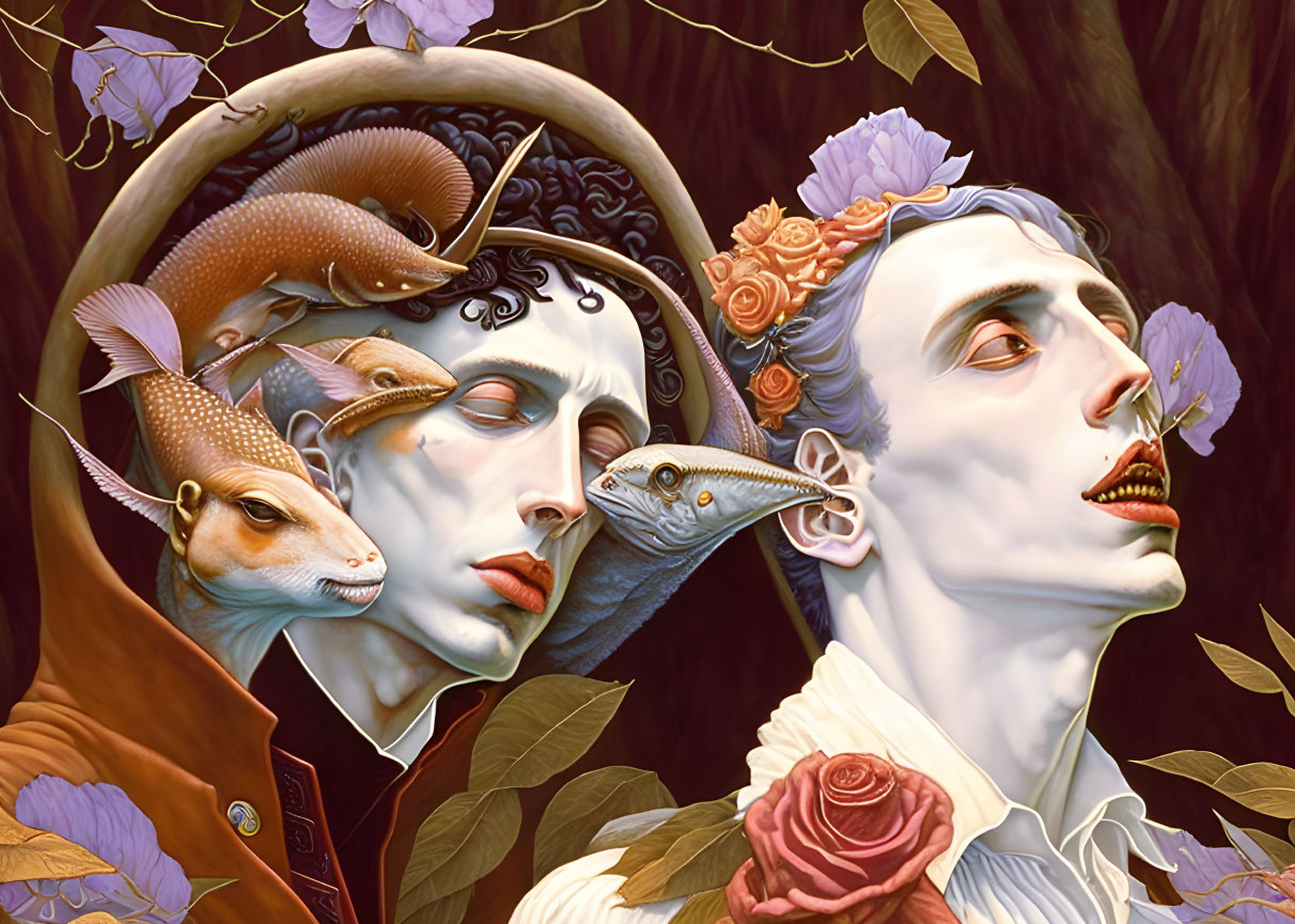 Intricately painted masculine and feminine faces with surreal reptiles, flora, and crescent moon