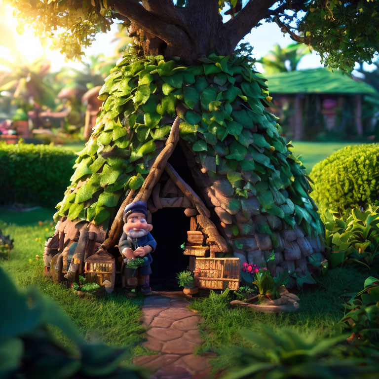 Whimsical garden gnome next to tree-stump house in lush greenery