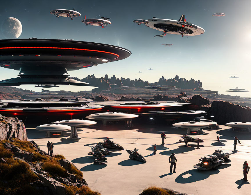 Futuristic sci-fi scene: People, vehicles, disc-shaped buildings, spacecraft on rocky terrain with