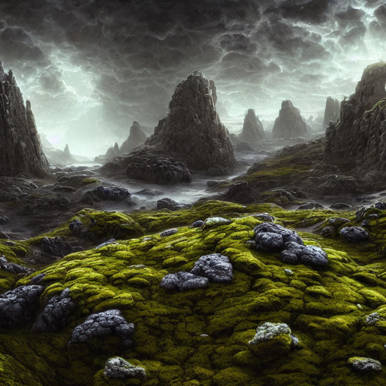 Moss-covered rocks in rugged, misty landscape with jagged peaks