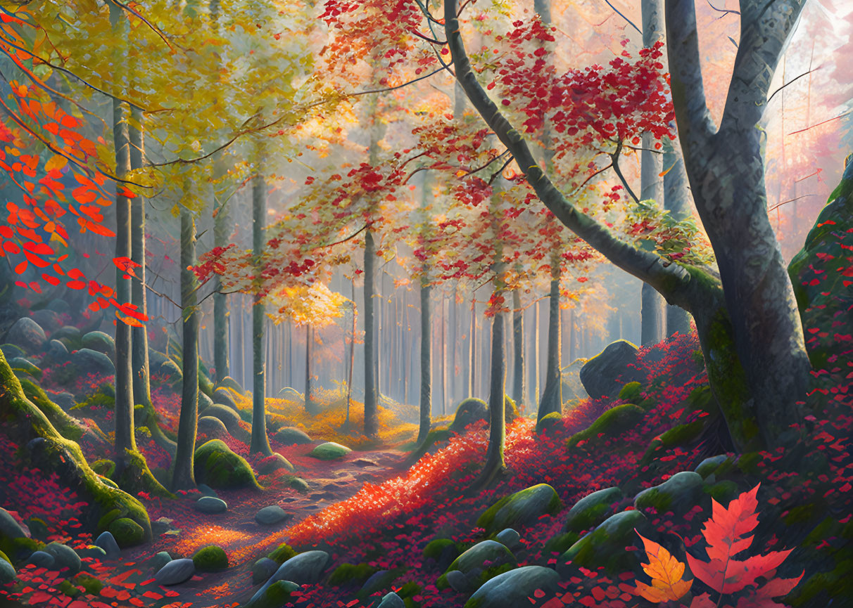 Vibrant Autumn Forest with Red Leaves and Sun Rays