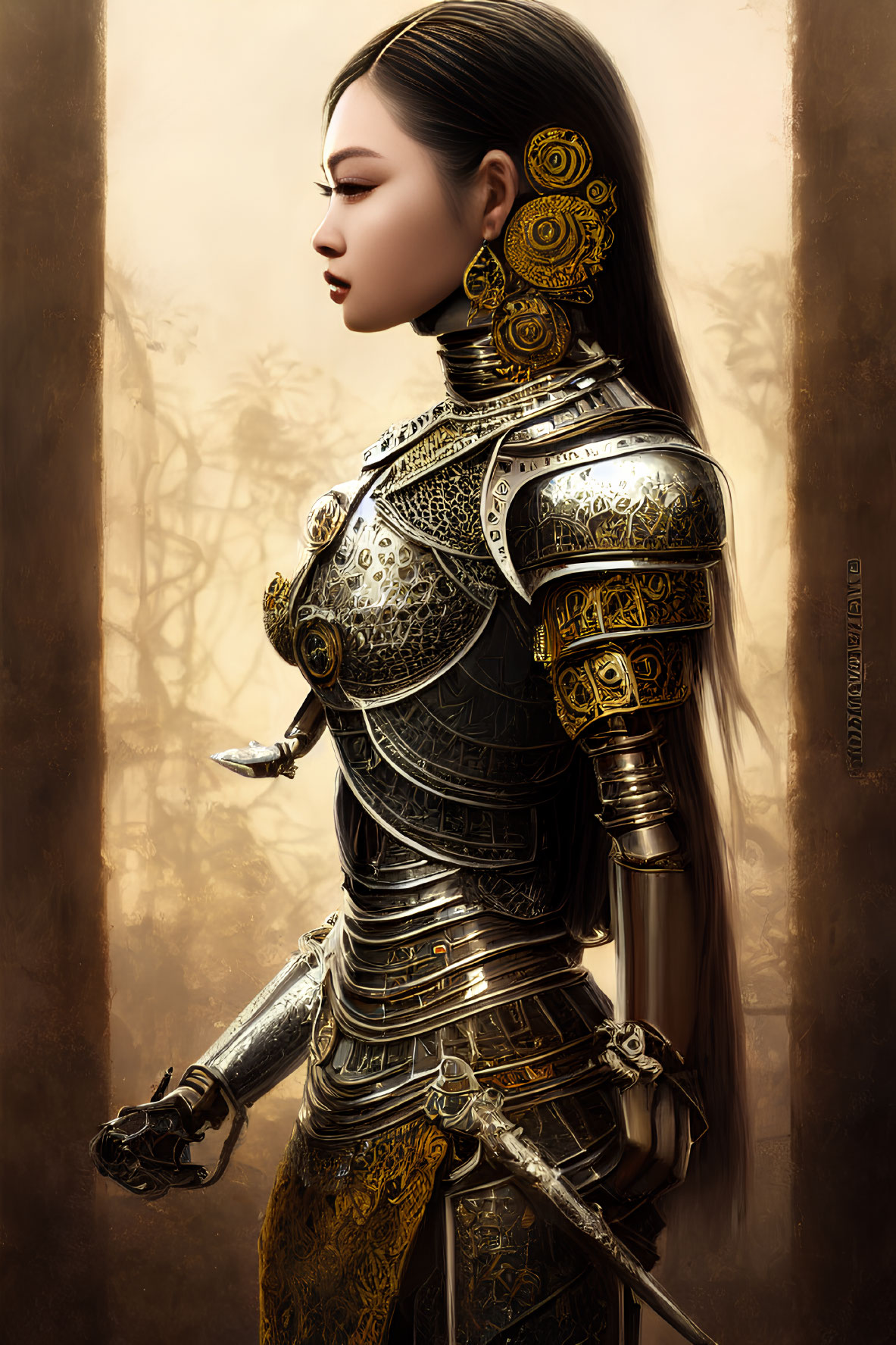 Female Warrior in Ornate Golden Armor Holding Sword in Foggy Forest