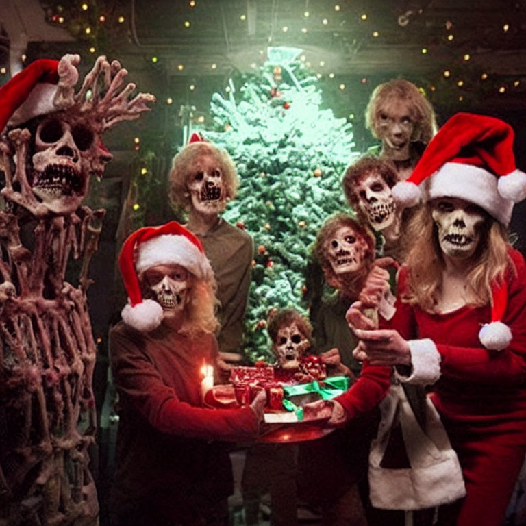 Group of people in skeleton makeup with Santa hats, Christmas tree, and gift in spooky festive scene