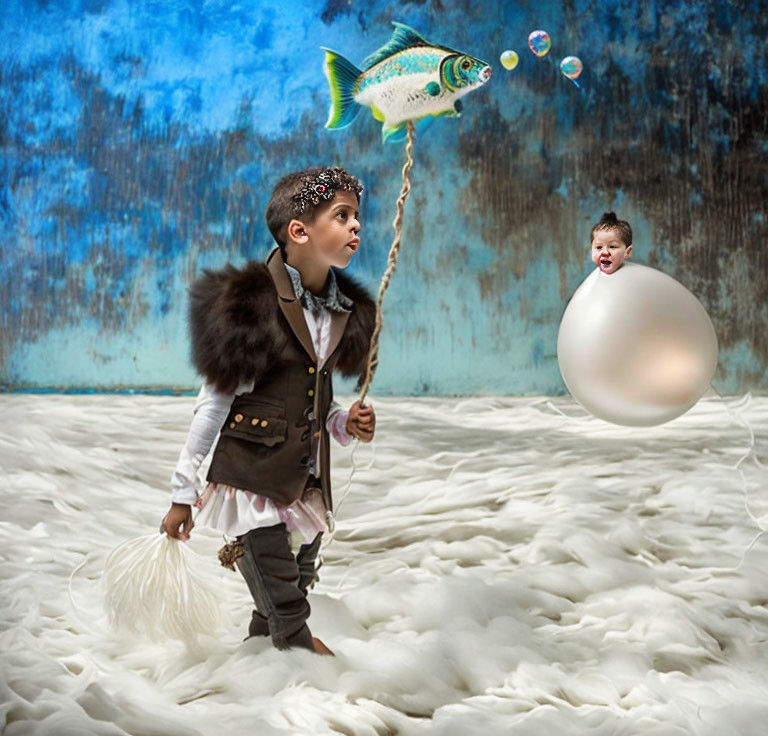 Whimsically dressed child holds fish on leash in surreal landscape