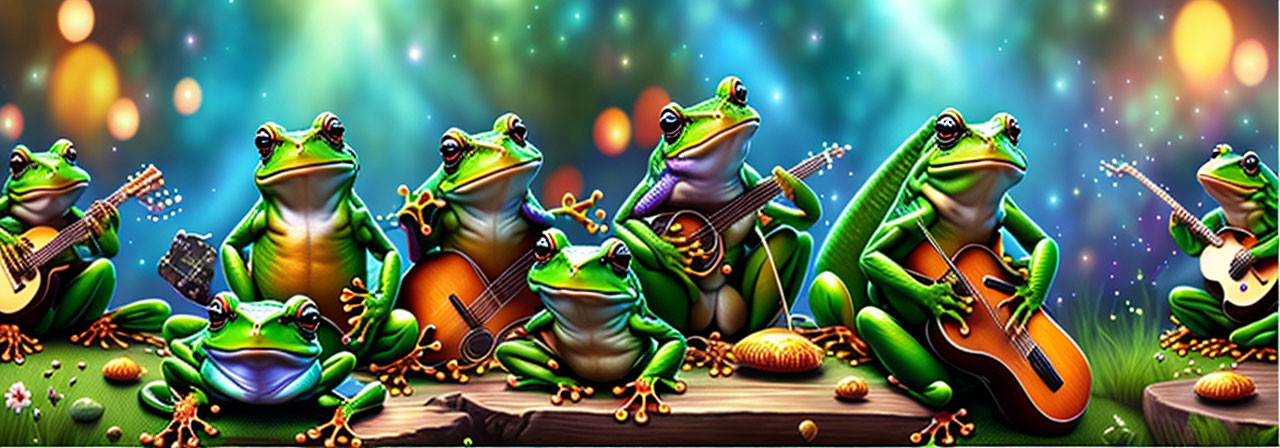 Colorful Animated Frogs Playing Musical Instruments in Glowing Setting