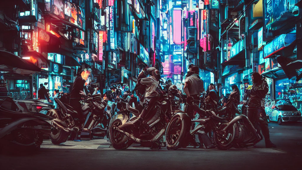 Nighttime scene of motorcyclists on neon-lit city street