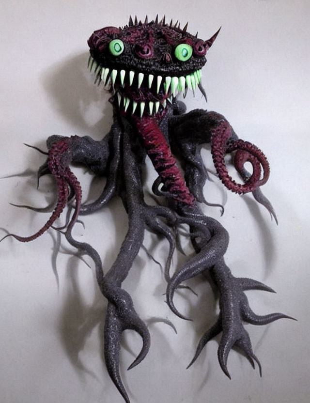 Fantastical creature sculpture with green eyes, sharp teeth, and tentacles