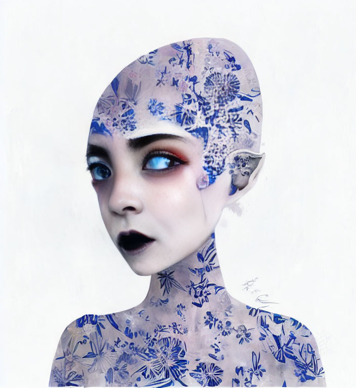 Stylized portrait of female figure with blue skin and floral head patterns