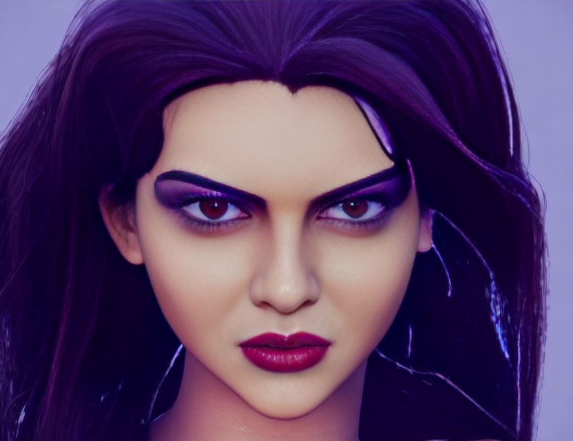 Close-up 3D animated female character with purple eyes, winged eyeliner, dark lips,