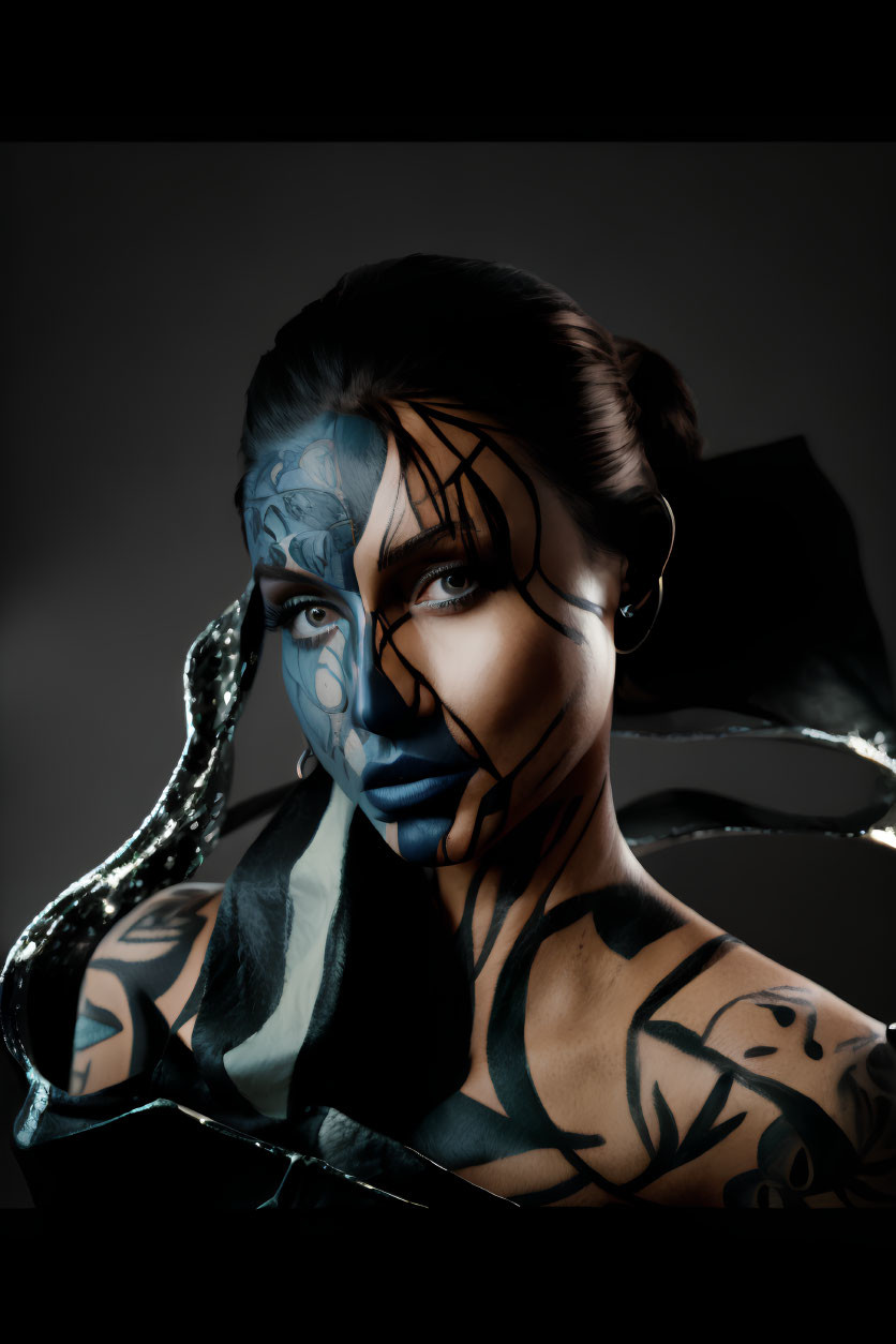 Woman with black and blue face and body paint against abstract background