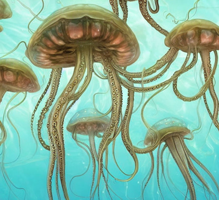 Intricate Tentacled Jellyfish in Tranquil Turquoise Underwater Scene