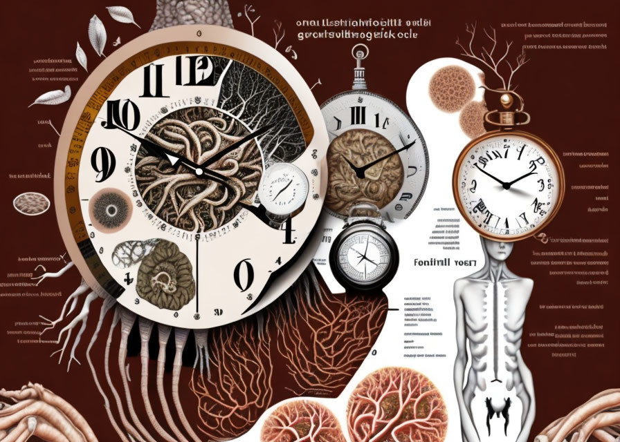 Vintage Clocks, Human Brains, and Tree Roots Collage Symbolizing Time and Growth