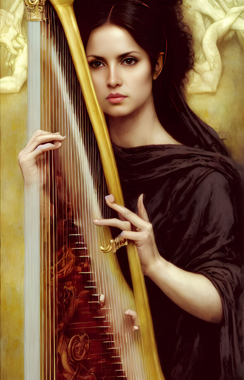 Dark-haired woman playing golden harp in front of ethereal backdrop