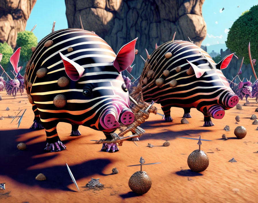 Whimsical zebra-striped pigs with punk-style piercings in a fantastical desert scene