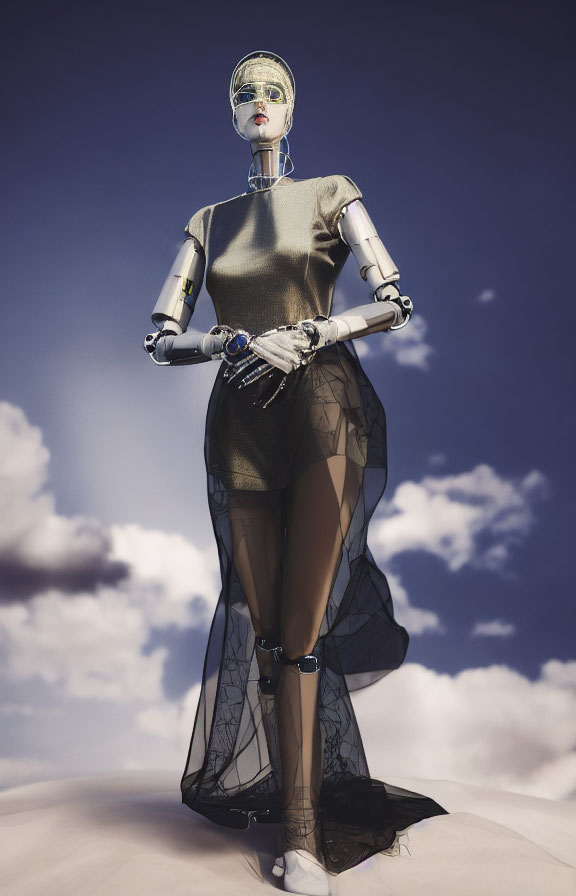 Stylish humanoid robot in dress and sunglasses against cloudy sky