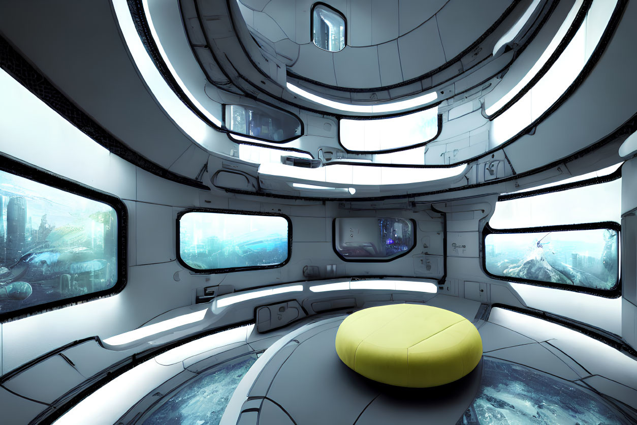 Futuristic room with white walls, large windows, cityscape, underwater views, and yellow ott