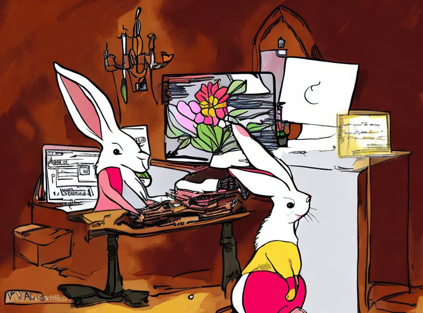 Anthropomorphic rabbits at cluttered desk with computers and typewriter