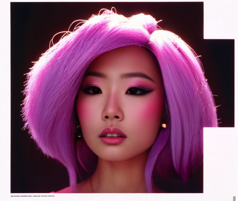 Vibrant purple hair and bold pink makeup on a woman against a dark backdrop