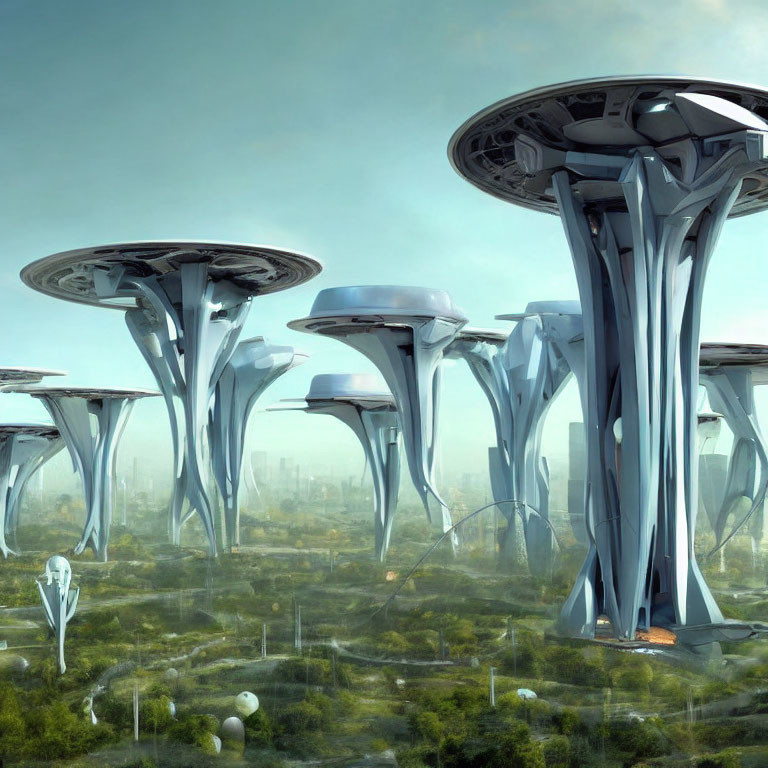 Futuristic cityscape with towering mushroom-like structures and lush greenery.