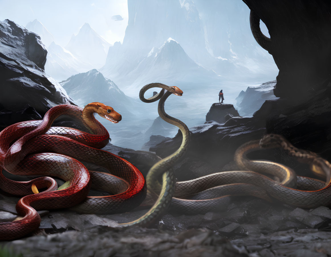 Person observes two gigantic snakes in misty mountain cave