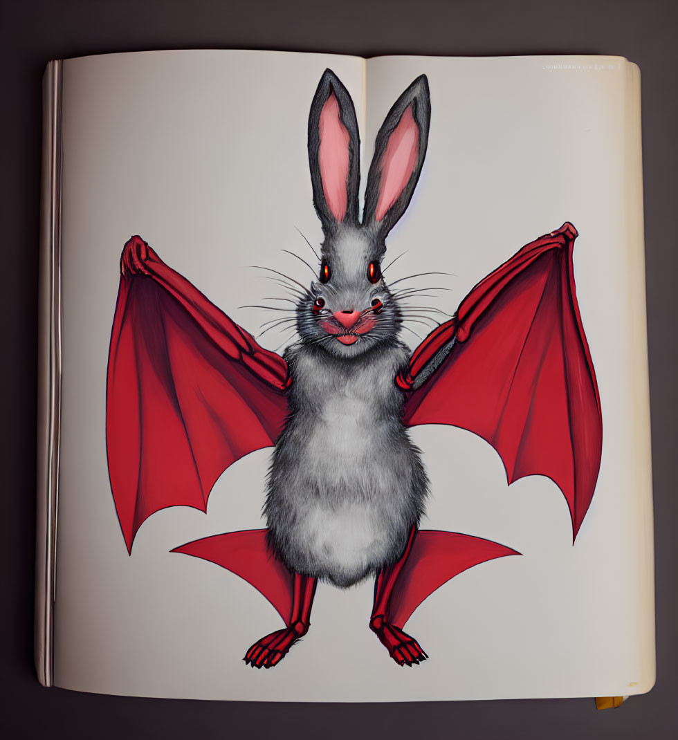 Illustrated creature: Rabbit body, bat-like wings, playful expression on open book page